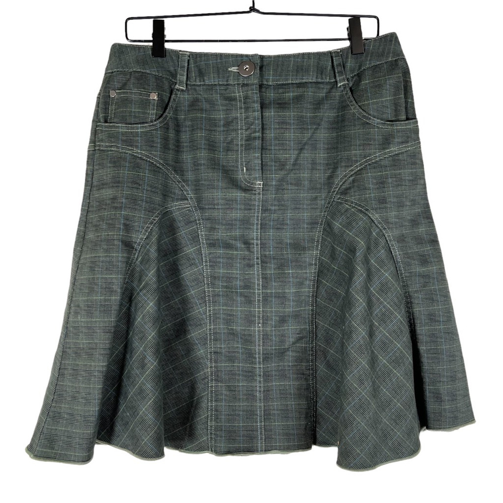 Nine West Womens Flare Skirt Green Plaid Knee Length Stretch Stitching Y2k 12